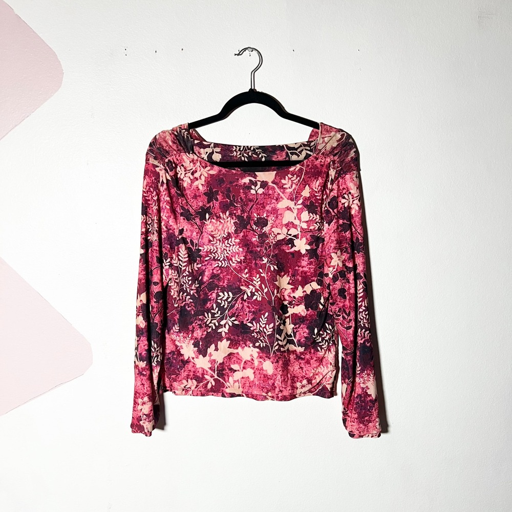 Soft Surroundings Long Sleeve Top Small Pink Floral Mesh Boat Neck Boho